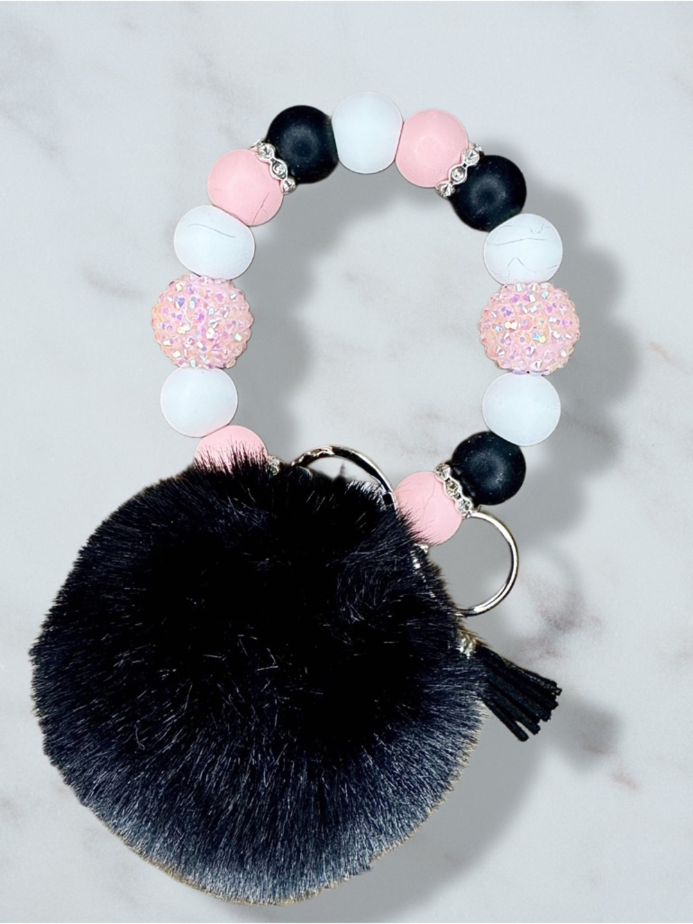 Renae’s Custom Order Pink, Black & White Beaded Pom-Pom Wristlet Keychain